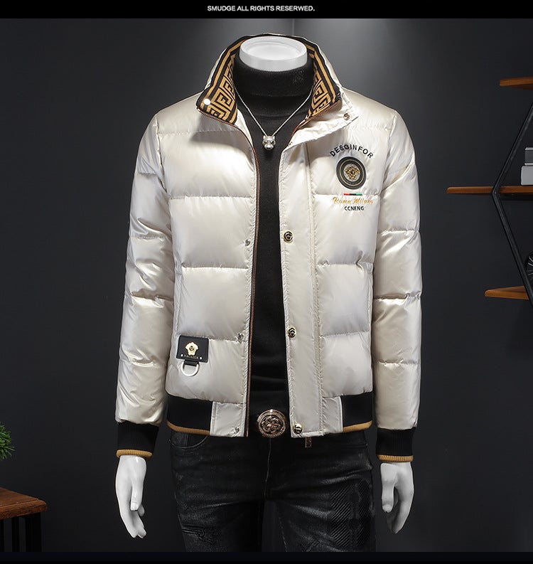 European Goods 2024 Winter New Men'S Fashion White Duck Down Rhinestone Embroidered Stand Collar Down Jacket Warm Coat - Image 1